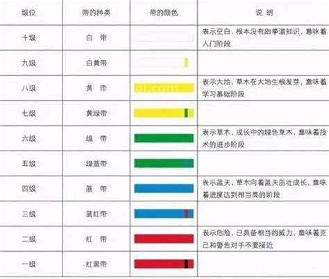 跆拳道级别及腰带颜色，共有十级九段（最高段位黑带九段）